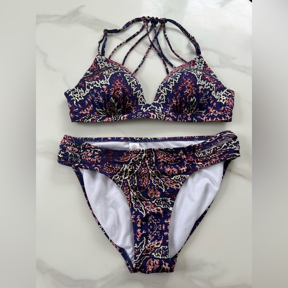 ATHLETA Navy and Pink Patterned Bikini Set